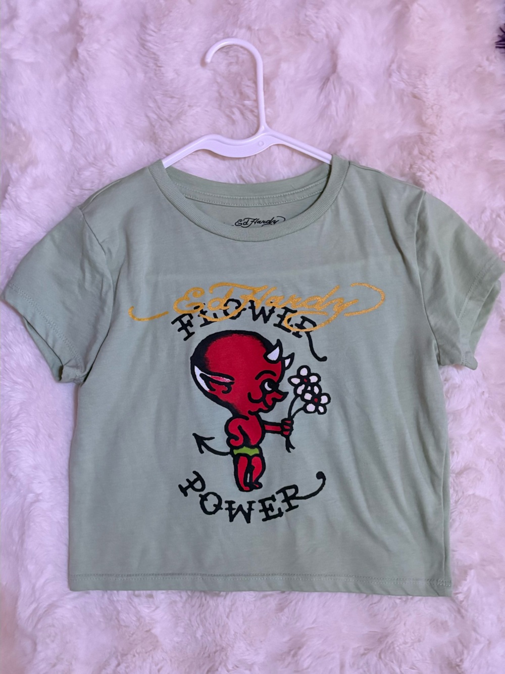 Ed Hardy Sage Green Tee with Red Devil Graphic